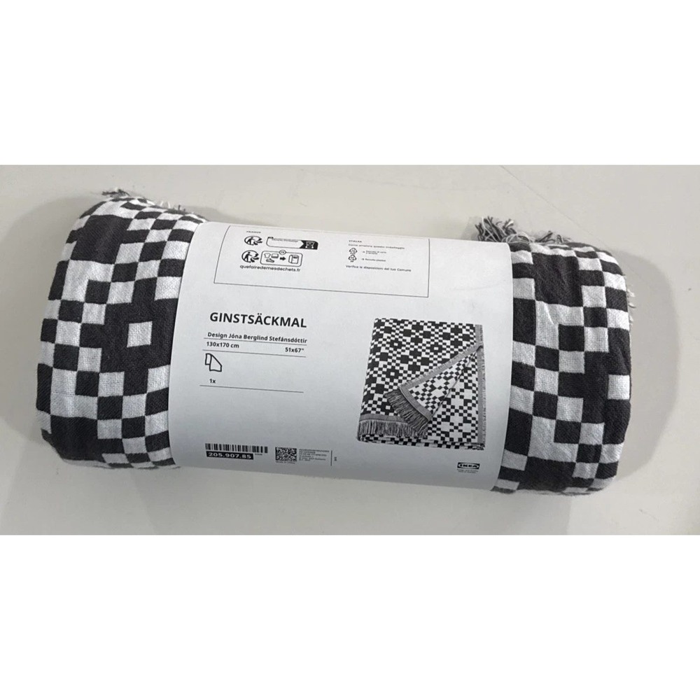 IKEA GINSTSACKMAL Throw Blanket Black White Checkered Fringed 51x67 205.907.85